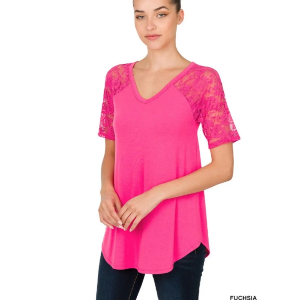 Zenana Lace- Shorts Sleeve V-Neck shirt